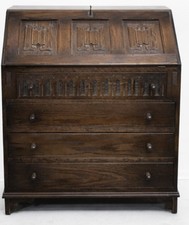 SMALL JAYCEE DARK OAK LINENFOLD WRITING BUREAU DESK WITH FOUR DRAWERS WITH Keys