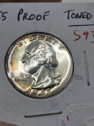 Unc Proof 1955 Philadelphia Mint Silver Washington Quarter ☆ Rainbow Toned ☆
