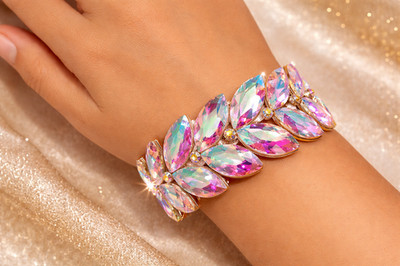 Iridescent Gold Rhinestone Stretch Bracelet Statement Drag Pageant Prom Bridal