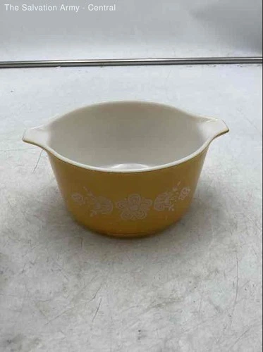 Pyrex Yellow Floral Round Butterfly Milk Glass Casserole Dish Bowl