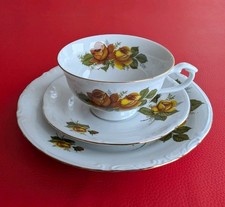 Sammeltasse Sammelgedeck Gold Gelb Braun Grün Blumen Relief Rosen Kaffee Tee Set
