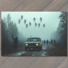 Art Print Floating Figures Over Forest Foggy Road Eerie Car Scene Surreal Dread