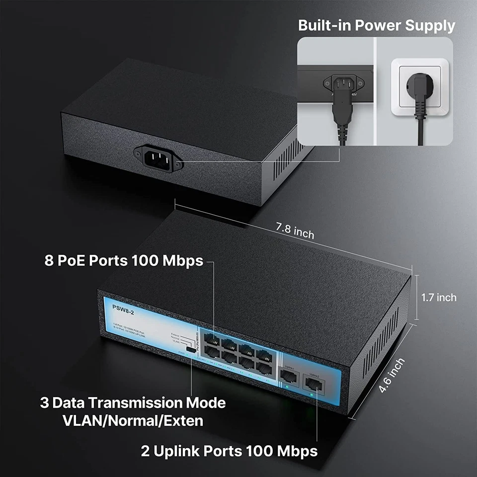 8 Port PoE+ Switch w/ additional 2 Uplink, Max Output 96W, 803.af/at, Fanless - Image 2 of 4