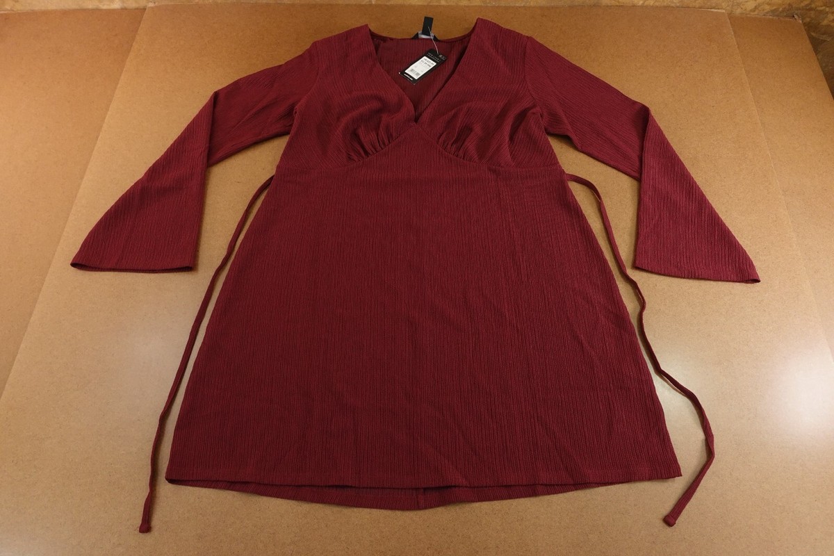 newlook knitted dress New Look Womens Size 14 Burgundy Textured Knit Long Sleeve V Neck NWT seersucker
