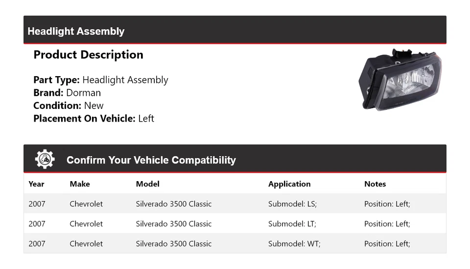 Conjunto de faros izquierdo Chevrolet Silverado 3500 Classic Dorman 2007 Foto 2 de 4