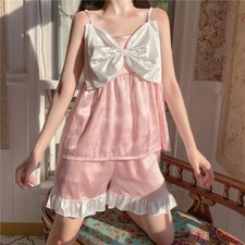 Lady Pajama Set Vest Shorts Bowknot Sleepwears Loungewear Nightwear Casual Sweet