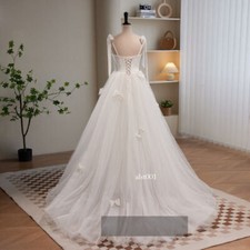Princess Wedding Dresses Button Bow Lace Up A-line Tulle Ball Bridal Gowns Train