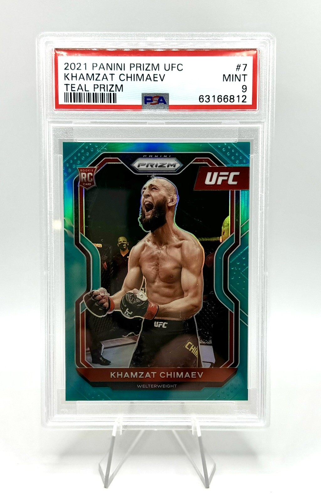 2021 Panini UFC Prizm Debut Khamzat Chimaev Rookie Teal Prizm #/49 SSP #7 PSA 9