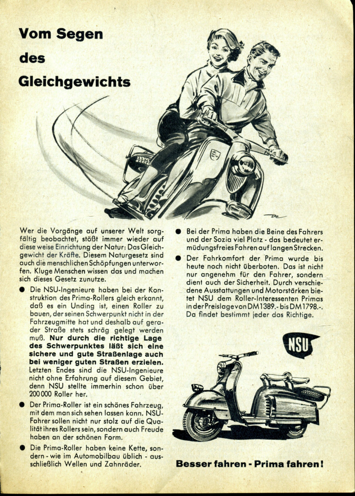 NSU Vom Segen des Gleichgewichts Prima Roller Werbung von 1959