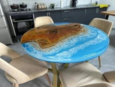 Blue Handmade Ocean Waves Epoxy Resin Live Edge Round Table with Stand for Home