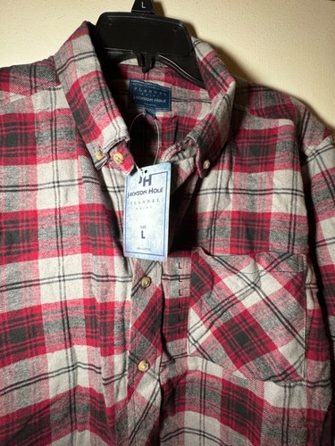Jackson Hole camicia uomo grande rosso/grigio plaid flanella manica lunga abbottonata NUOVA - Foto 2 di 5