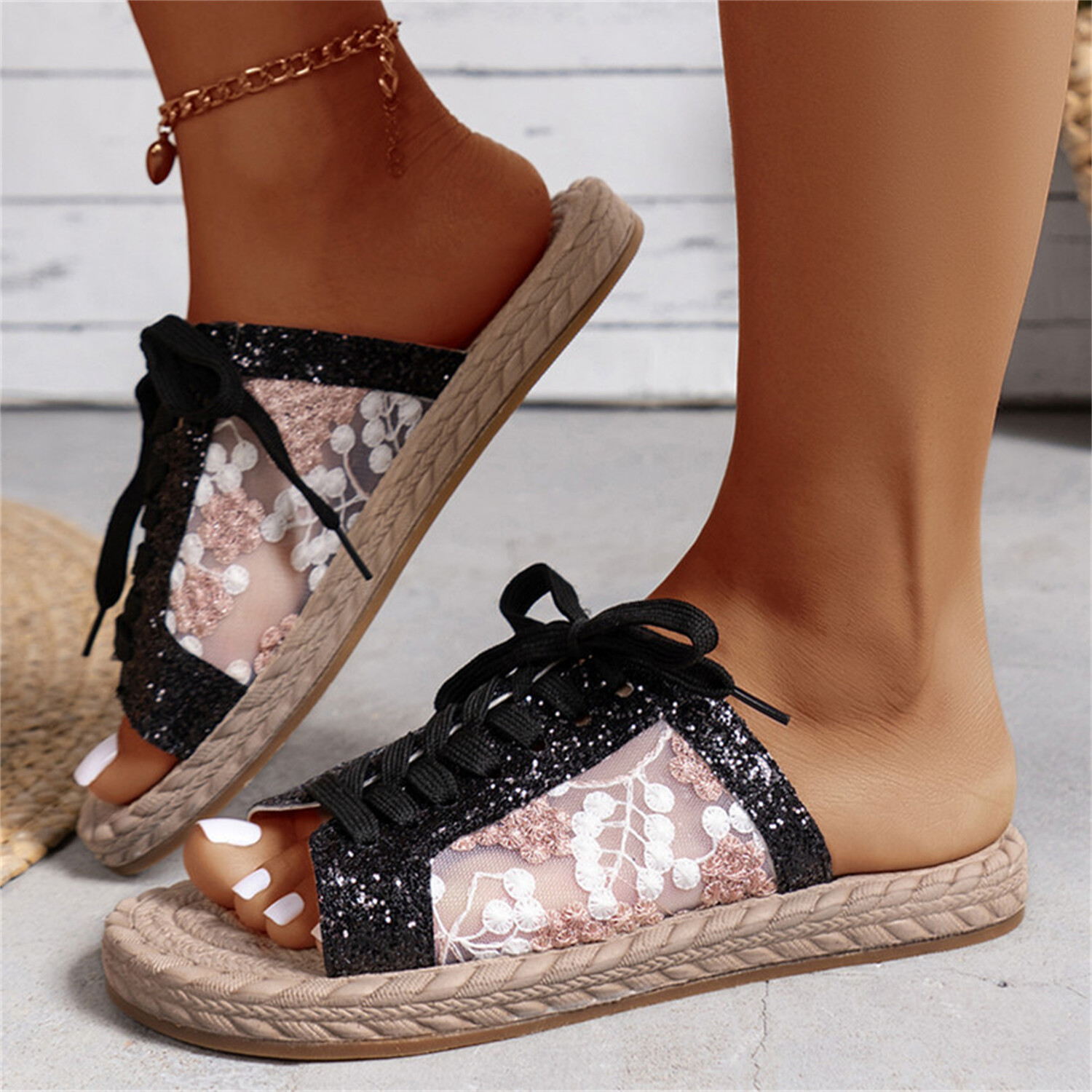 PANTOFOLA D’ORO Sandali donna bohemien paillettes punta aperta flat stringati leggeri estivi slide