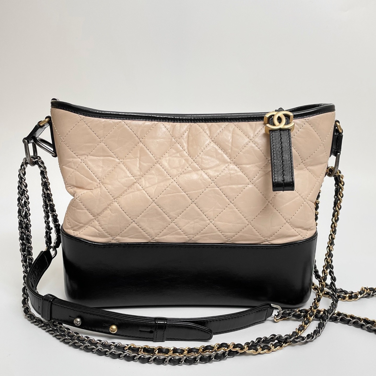 CHANEL Gabrielle Medium Quilted Leather Hobo Bag Cream Beige Black Crossbody Bag