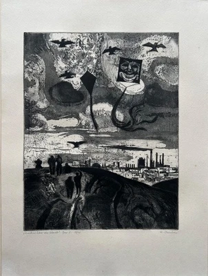 Radierung Rostock Rudolf Austen Drachen über der Stadt 1978 DDR Kunst - Bild 1 von 4