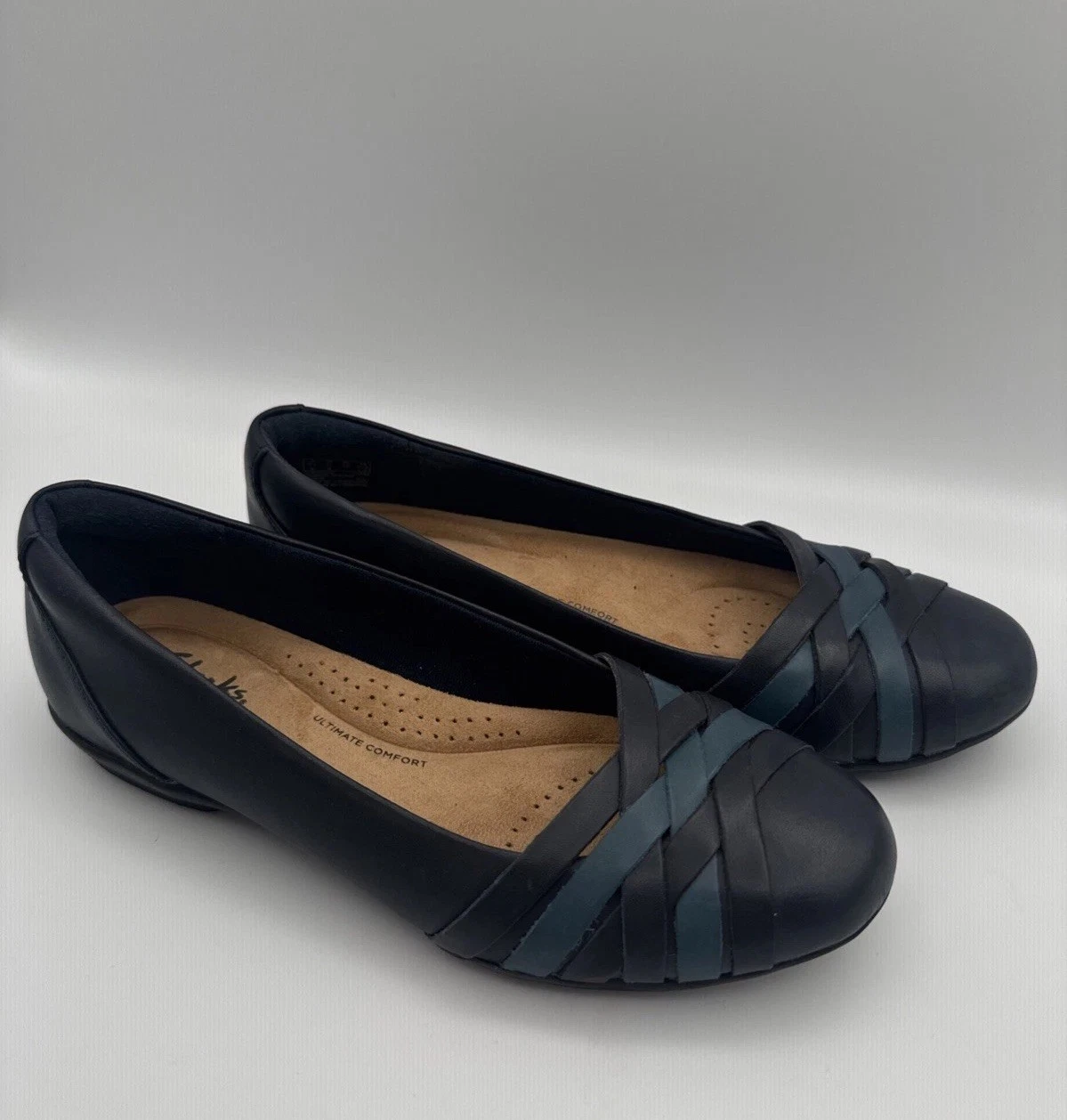 Scarpe Clarks donna taglia 5 blu navy pelle Sara quadrifoglio ballerine comode da lavoro