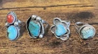 4 Vintage Sterling Silver Southwestern Rings with Turquoise & Coral - Size 7