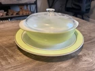Vintage PYREX Lime Green 2Qt Casserole Dish 024 w/ Lid 624C & Plate w/ Gold Trim
