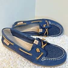 Sperry Womens 9M Coil Ivy Geo Perforated Leather Boat Shoe Navy Blue STS 81621