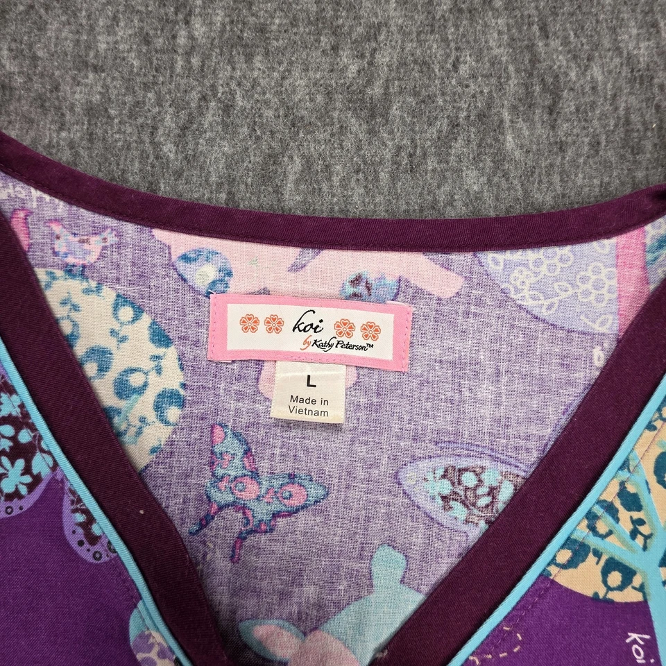 KOI by Kathy Peterson Women Large Mock Wrap Scrub Top Purple Animal Print 2 Pock - Image 4 of 4