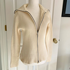 VTG 90s L Ralph Lauren Full Zip Rib Knit Funnel Neck Sweater Creme White sz M