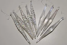 SWIRL & Textured Clear Blown Glass Iridescent Icicle Drop Ornament Set of 9