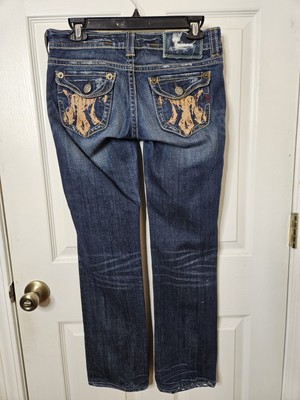 MEK Jeans Womans 27/32 Santiago Straight Distressed Stretch Denim Dark Wash 