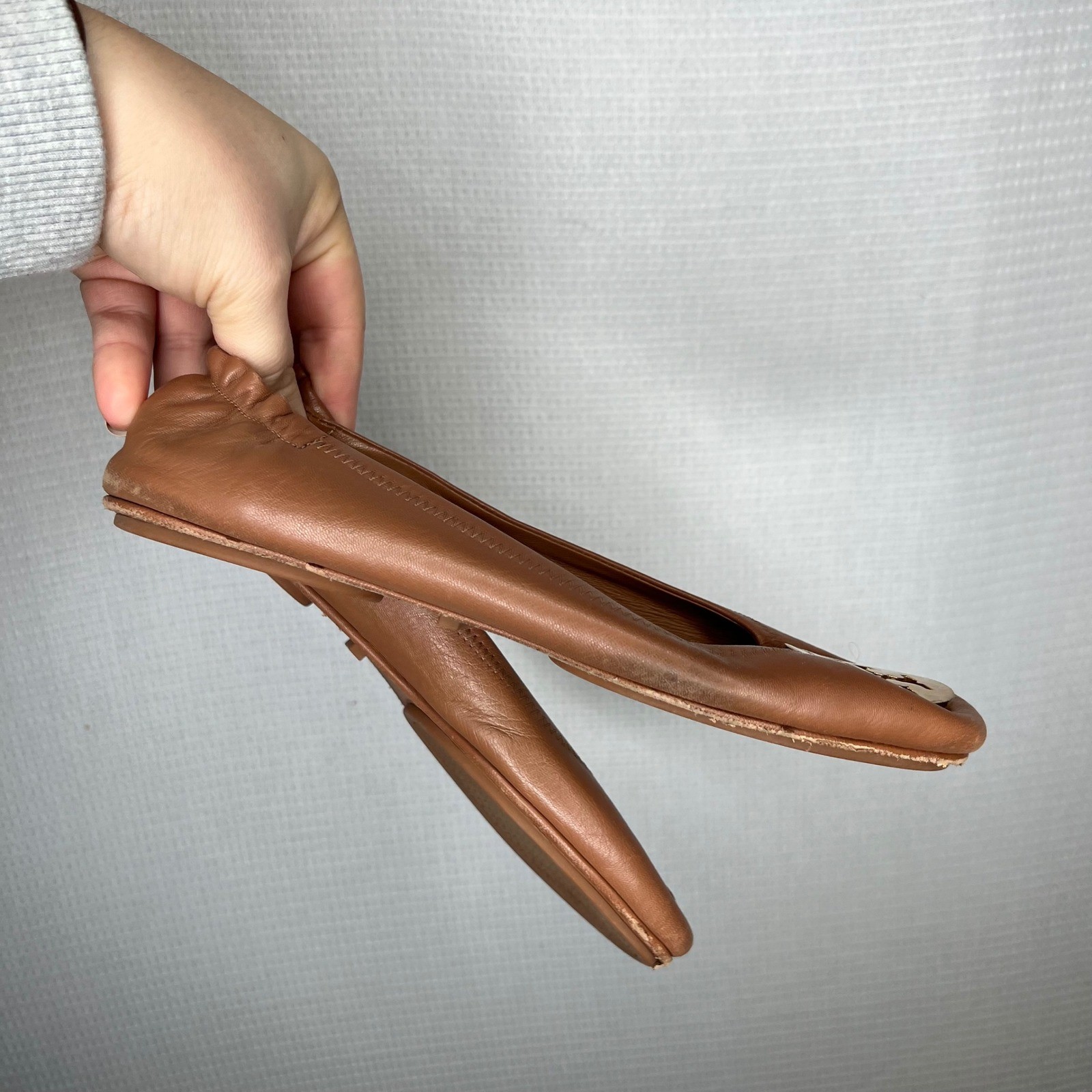 Tory Burch Minnie Travel Ballet Flats Brown Leather Gold Logo Women US 8.5 thumbnail 3