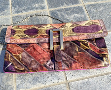VTG 80's Patch Work Snake Skin Handbag Clutch by Varon Gold Buckle Leather 13x7"