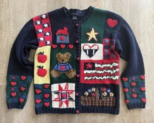 Vtg Eagle’s Eye Cardigan Sweater L Americana Flag Heart Apple Teacher Teddy Bear