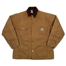 VTG Carhartt Distressed Brown Blanket Lined Canvas Chore Coat Button Up Size XL