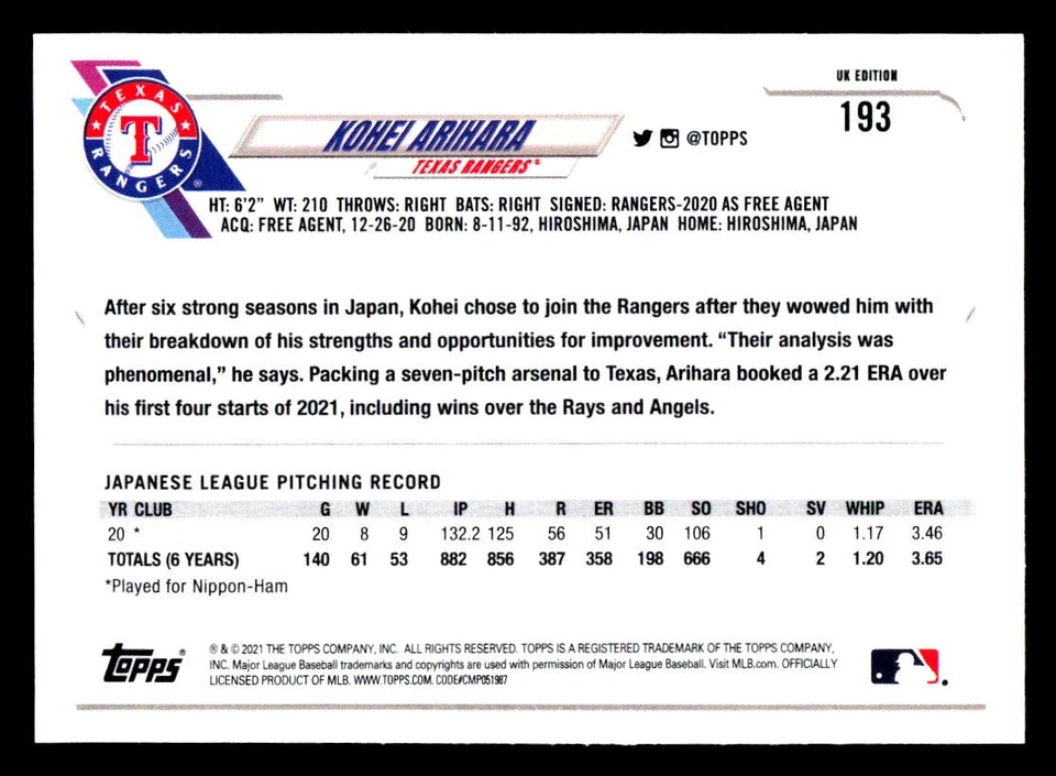 2021 Topps UK Edition #193 Kohei Arihara Texas Rangers Rookie - Image 2 of 2