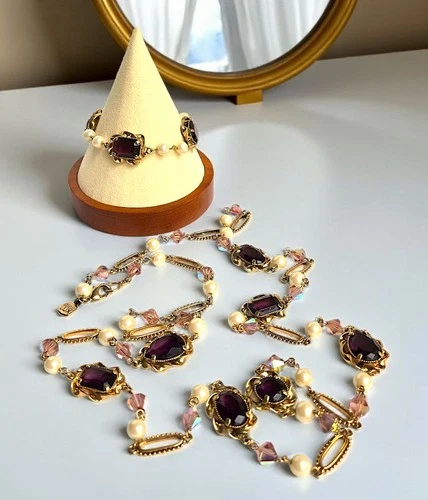 Vintage Carolee Lux Faux Amethyst Pearl Gold Tone Purple Necklace & Bracelet Set