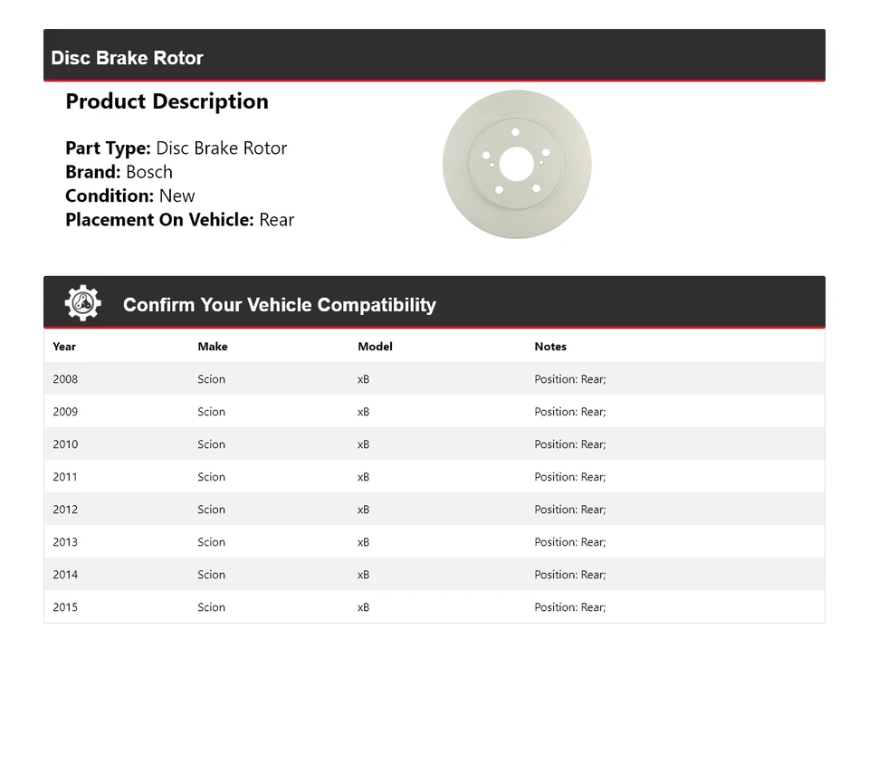 Rotor de freno de disco trasero para Scion xB Bosch QuietCast 2008-2015 2009 2010 2011 2012 Foto 2 de 4