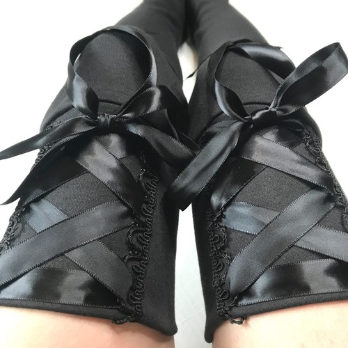 Black Corset Leg Warmers Lace Up Thigh Highs Ribbon Bow Knee Socks Punk Goth Otk - Picture 3 of 5