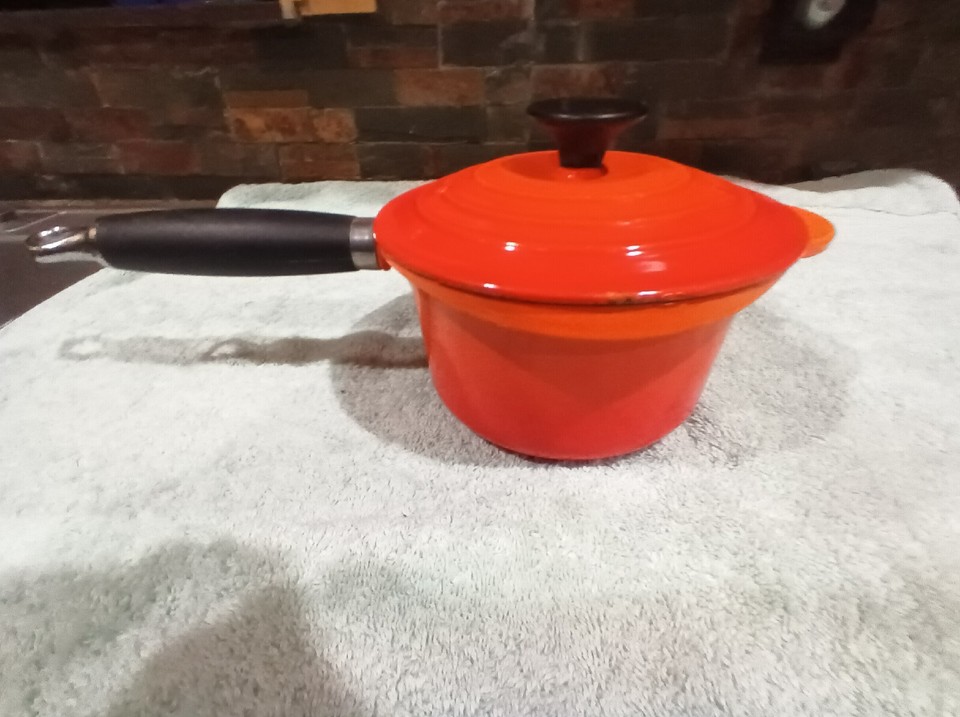 VTG LE CREUSET Orange Flame Enamel 16 SAUCE PAN Black Phenolic Handle