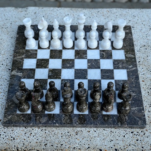 Marble Chess Set Handmade Oceanic Grey & White Weighted Chess Game Set - Afbeelding 1 van 6