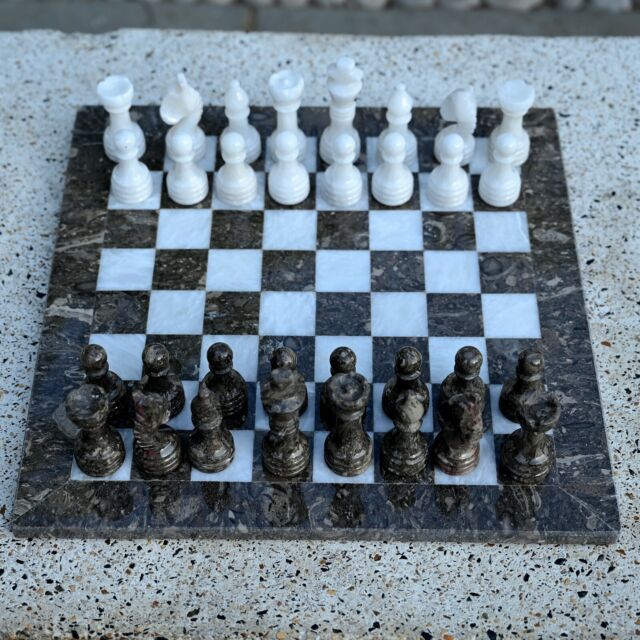 Stone Marble Grey & White Chess Men Set Weighted Pro Pieces & Board Game Set