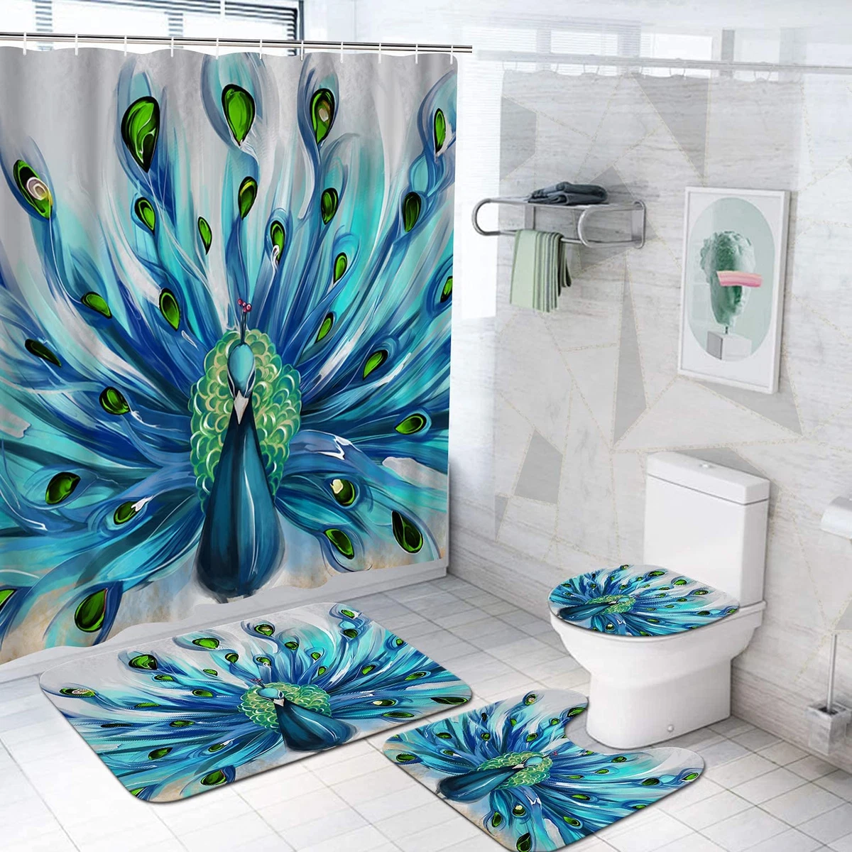 4 Pieces Set Peacock Shower Curtain Set Beautiful Animal Peacock