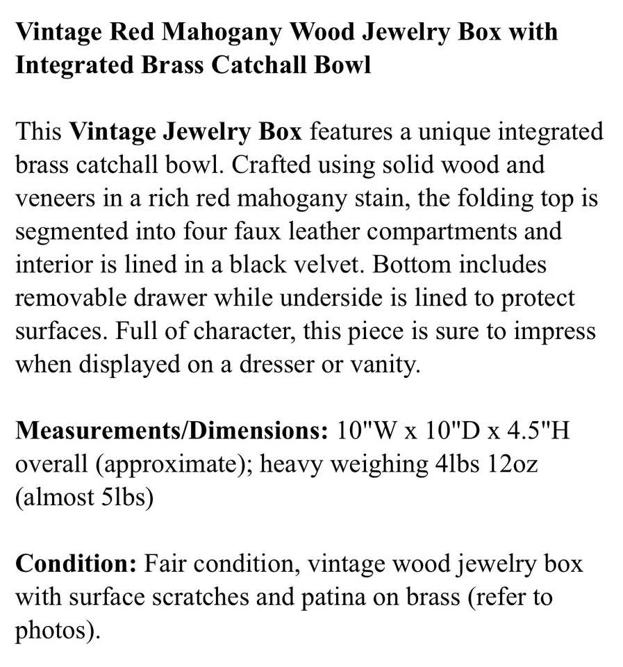 Joyero vintage de madera de caoba roja con cuenco Catchall de latón integrado Foto 3 de 4