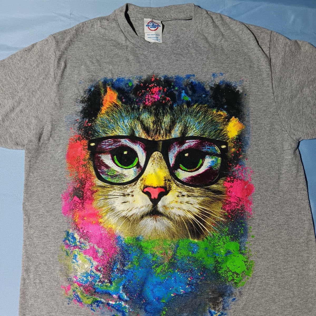 2000s Y2K Neon Glasses Cat Feline Art Big Print Vaporwave T-Shirt, S NEW w/  Tags
