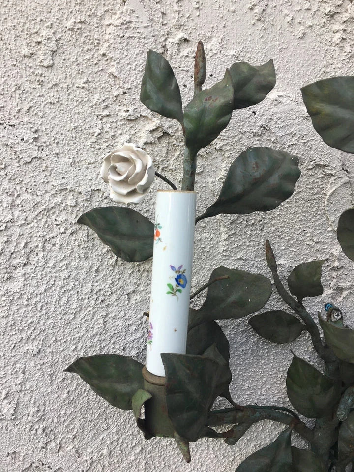 ANTIGUO APLIQUE DE PARED FRANCÉS TOLE Y PORCELANA Foto 2 de 4