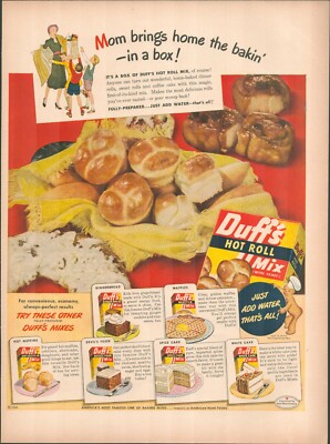 1948 Duff's Hot Roll Mix Mom Brings Home the Bakin In a BoxVintage Print Ad B48