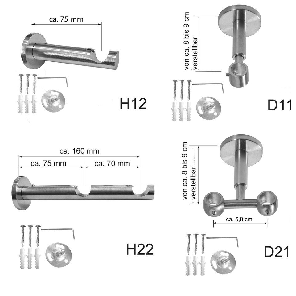 Gardinenstange Edelstahl Look Metall 16mm Wand Deckenträger Zylinder