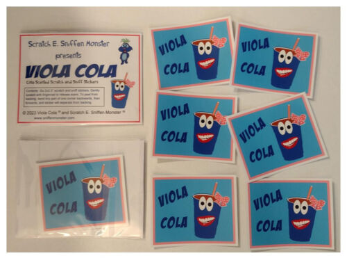 Six 2"x 2.5"  Cola Scented Scratch and Sniff Stickers - "Viola Cola" - Picture 1 of 1