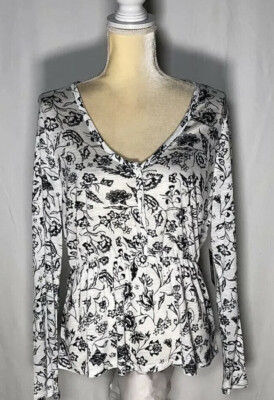 #ad Lucky Brand Women Blouse Shirt Top Large Long Sleeve Boho Peasant White Black NW $24.99