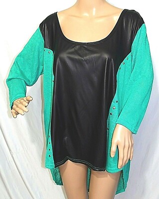 2B Me Women Plus  1x 2x 3x Green Black Hi Lo Beaded Sweater Tunic Top Blouse