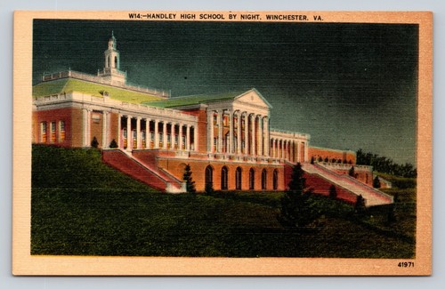 Carte postale vintage Winchester Virginia VA Handley High School By Night - Photo 1/2