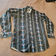 VTG 90s Black native des. panhandle slim large Tall snap buttons Collar AWESOME