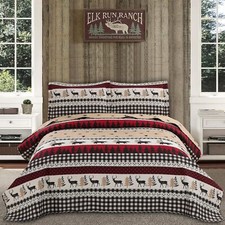 Rustic King Quilt Set Black White Plaid Bear Microfiber Bedding Coverlet