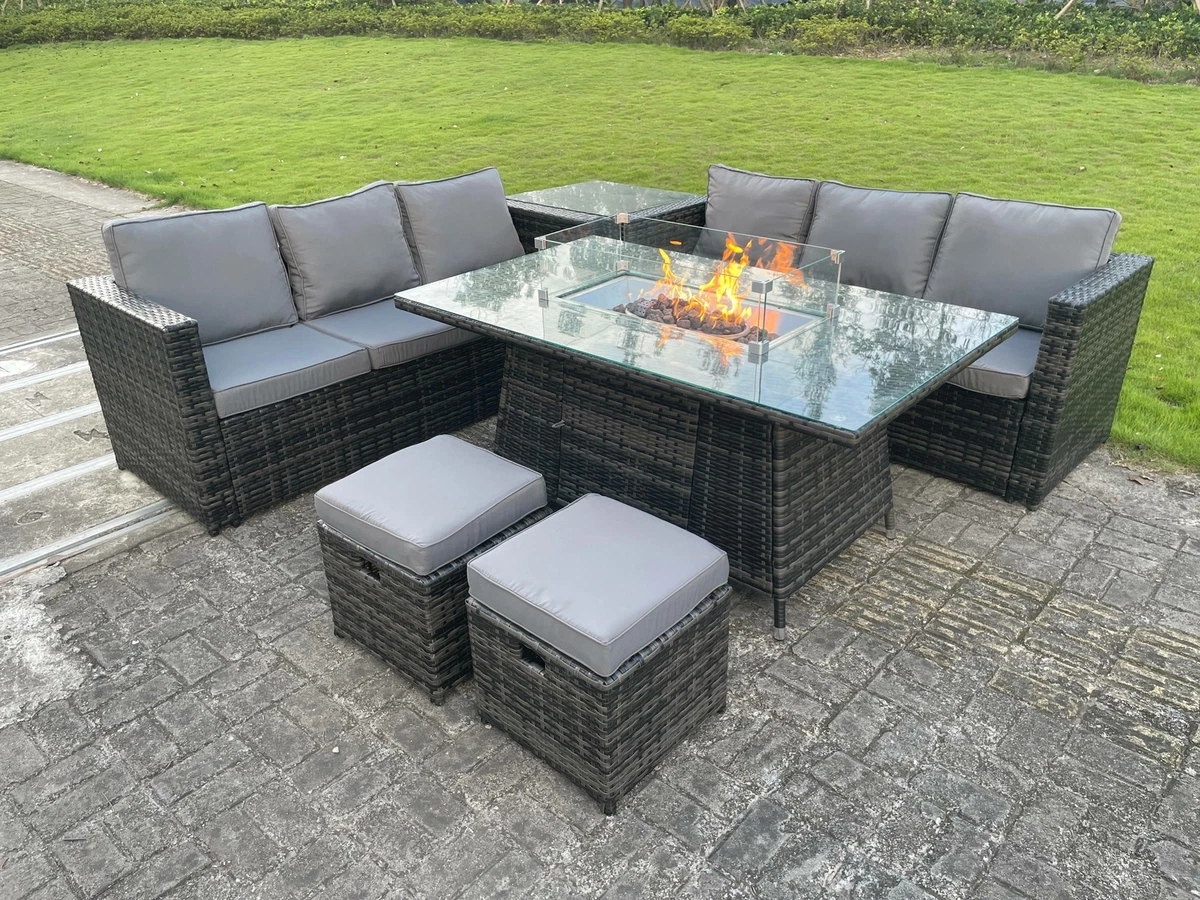 Fimous Rattan Garden Furniture Gas Fire Pit Table Set Heater Stool Dark Grey Mix